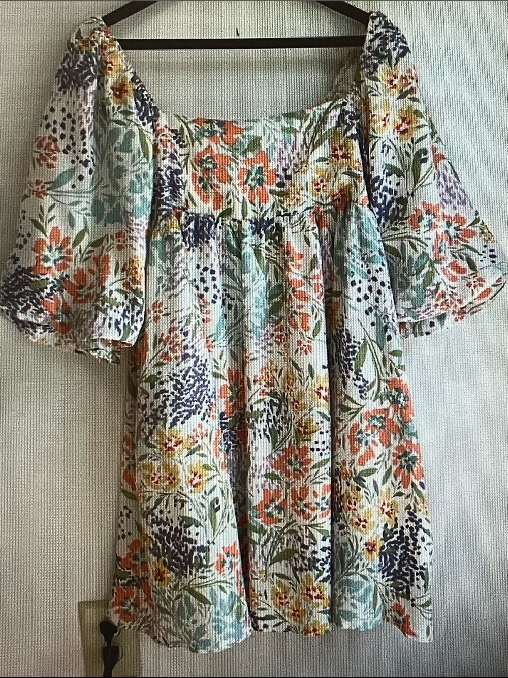 Floral Square-Neck Puff Sleeve Mini Dress in Multi-Color